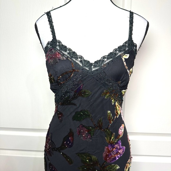 VTG Cache Slip Maxi Dress Gown Y2K Whimsigoth Fairy Sz 2 Burned Velvet 3D Beaded - Picture 5 of 16